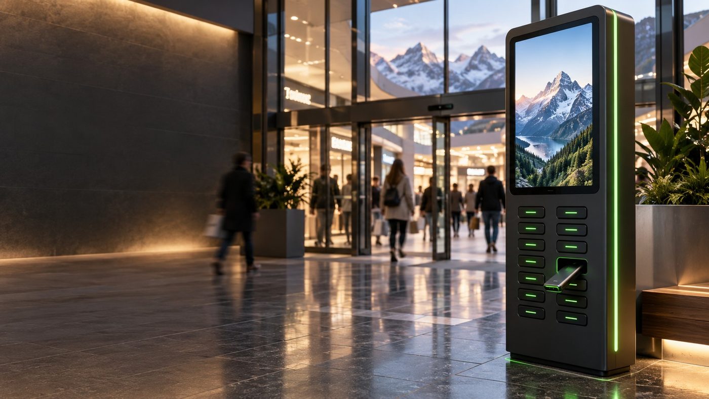 Powerbank-Station mit Screen in einem Einkaufszentrum